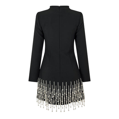 Black - Back - Muse Womens-Ladies Pearl Long-Sleeved Party Mini Dress