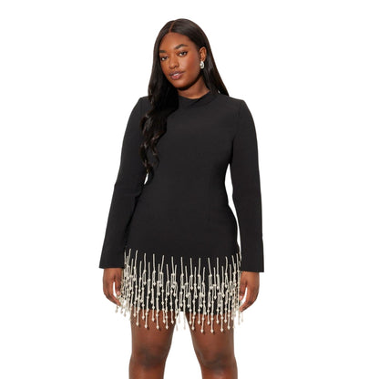 Black - Side - Muse Womens-Ladies Pearl Long-Sleeved Party Mini Dress