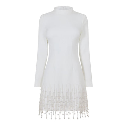 White - Front - Muse Womens-Ladies Pearl Long-Sleeved Party Mini Dress