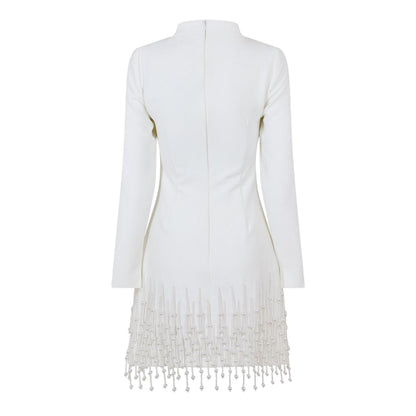 White - Back - Muse Womens-Ladies Pearl Long-Sleeved Party Mini Dress