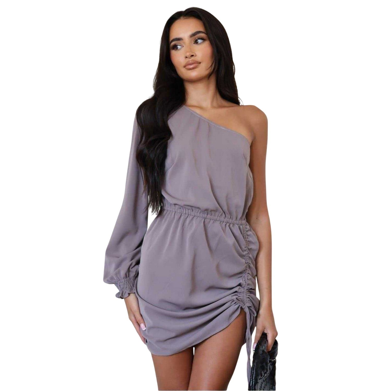 Mushroom - Side - AX Paris Womens-Ladies Ruched Side One Sleeve Mini Dress