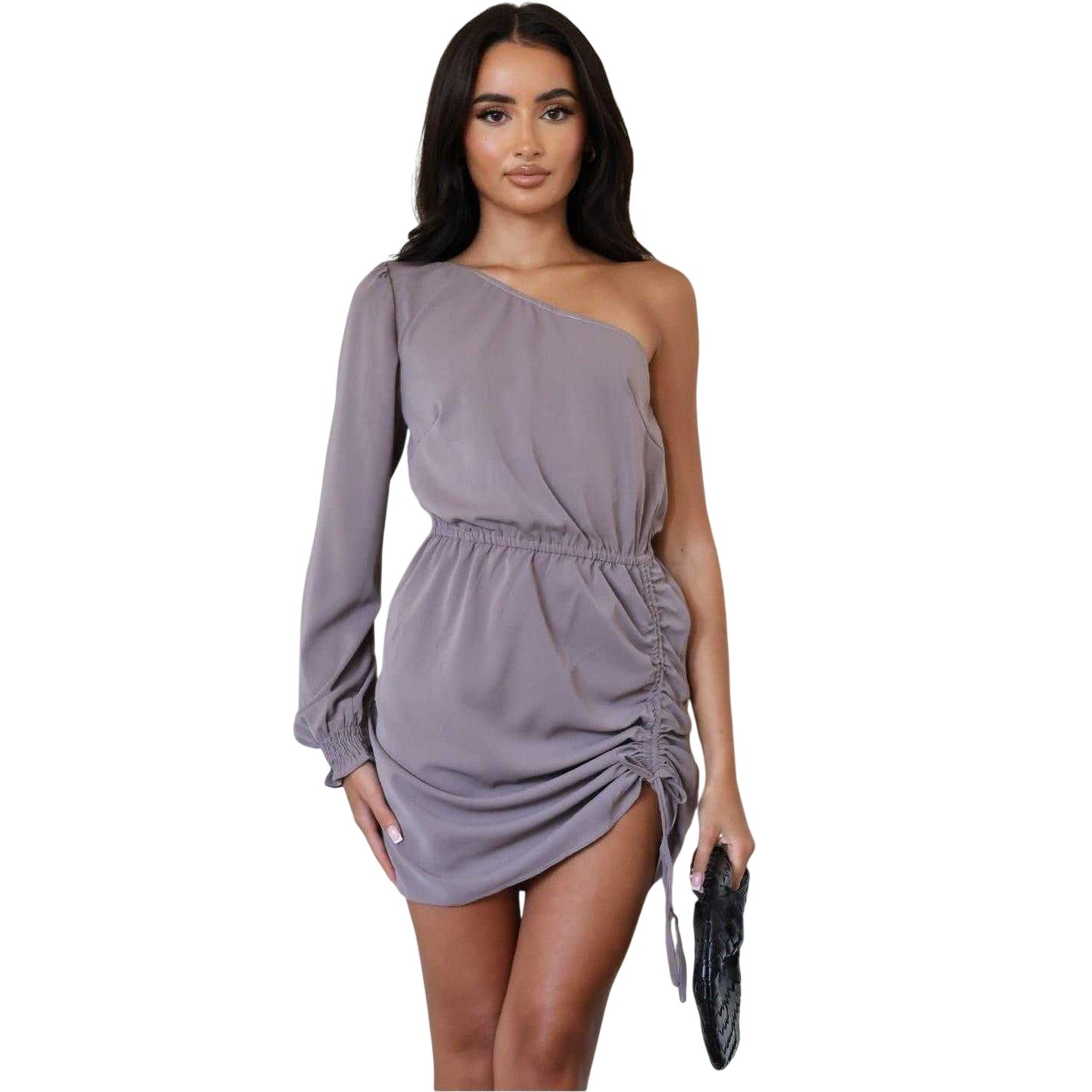 Mushroom - Front - AX Paris Womens-Ladies Ruched Side One Sleeve Mini Dress