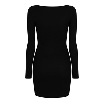 Jet Black - Back - Guess Womens-Ladies Ribbed Square Neck Slim Long-Sleeved Mini Dress