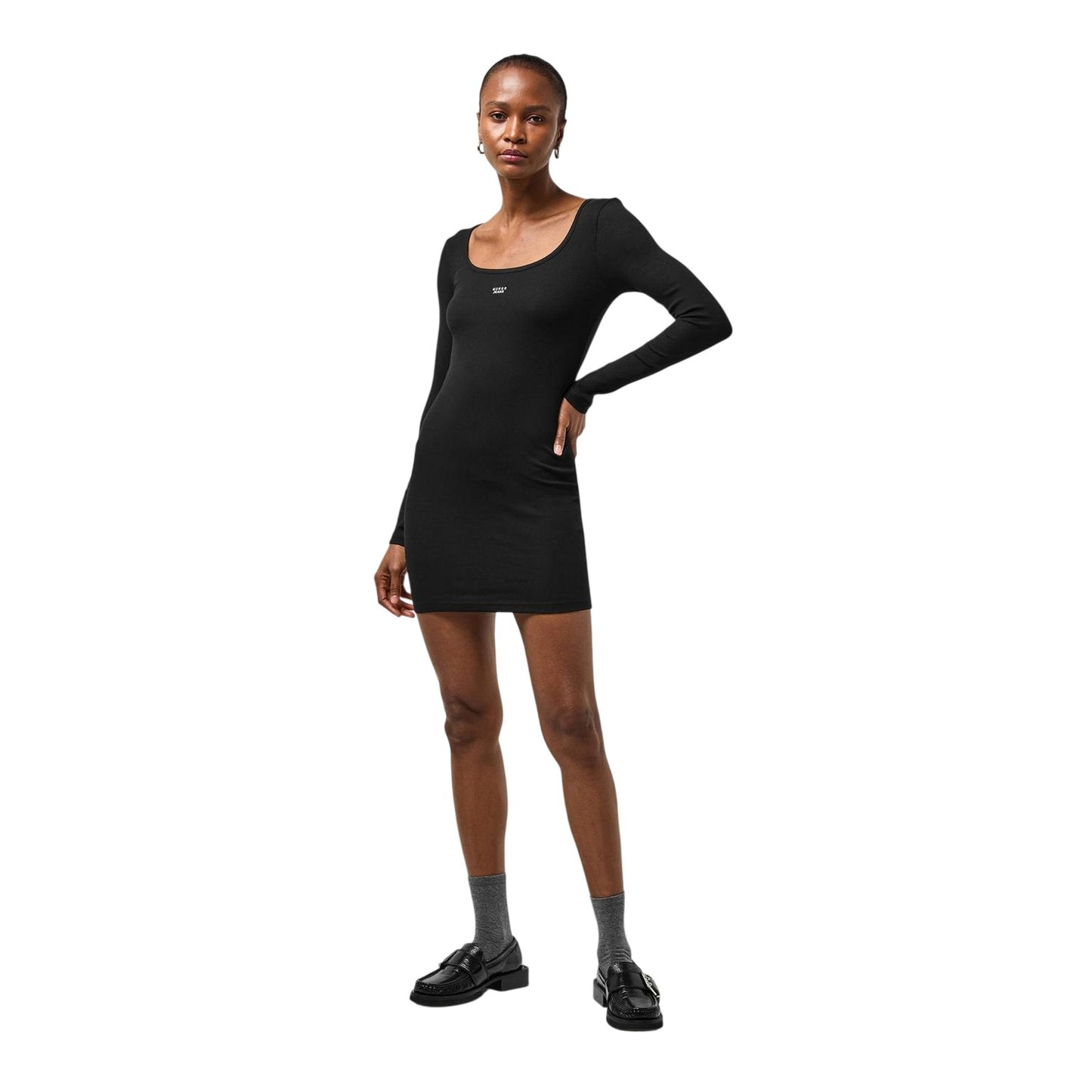Jet Black - Pack Shot - Guess Womens-Ladies Ribbed Square Neck Slim Long-Sleeved Mini Dress