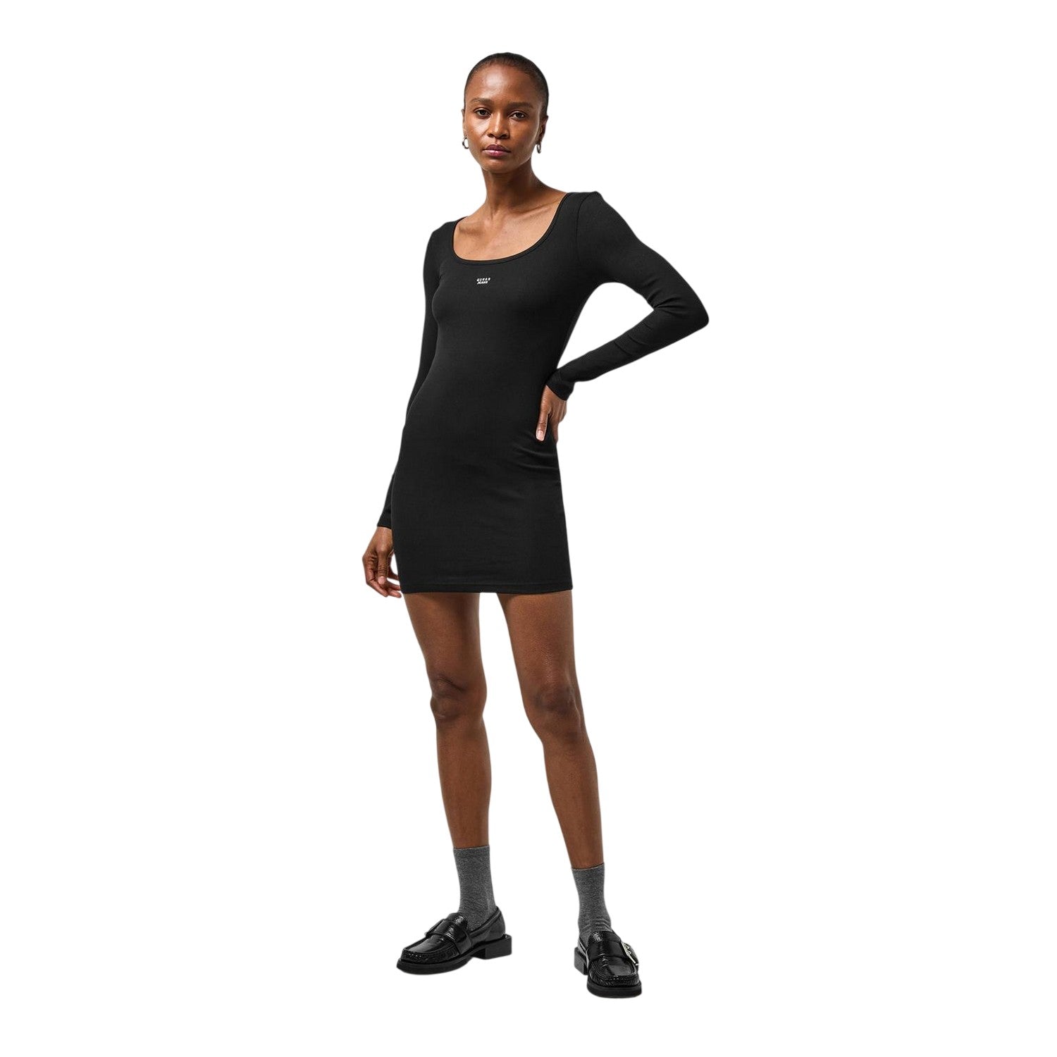 Jet Black - Pack Shot - Guess Womens-Ladies Ribbed Square Neck Slim Long-Sleeved Mini Dress