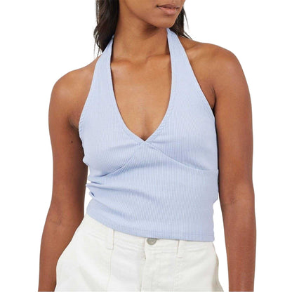 Blue - Front - Brave Soul Womens-Ladies Halter Neck Sleeveless Crop Top