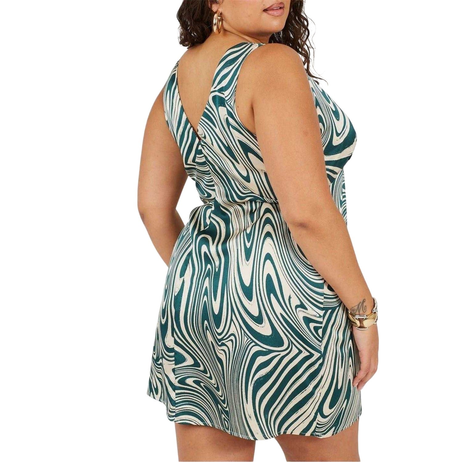 Green - Back - Brave Soul Womens-Ladies Swirl V Neck Plus Sleeveless Mini Dress