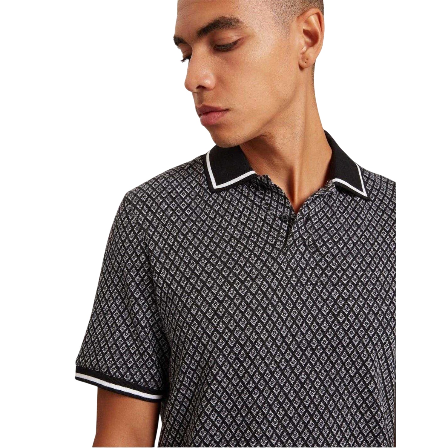 Black - Side - Ted Baker Mens Diamond Knitted Tipped Polo Shirt