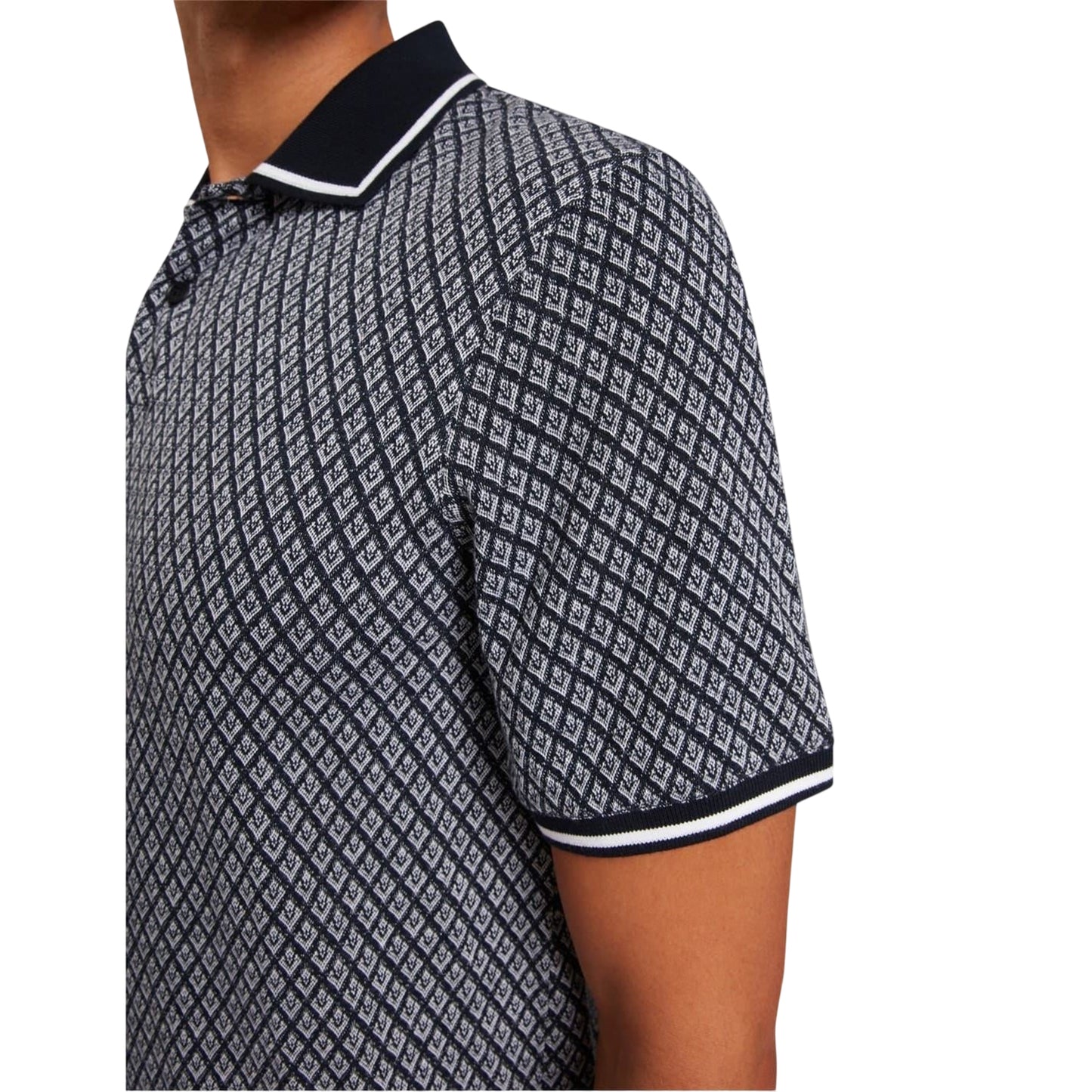 Navy - Side - Ted Baker Mens Diamond Knitted Tipped Polo Shirt