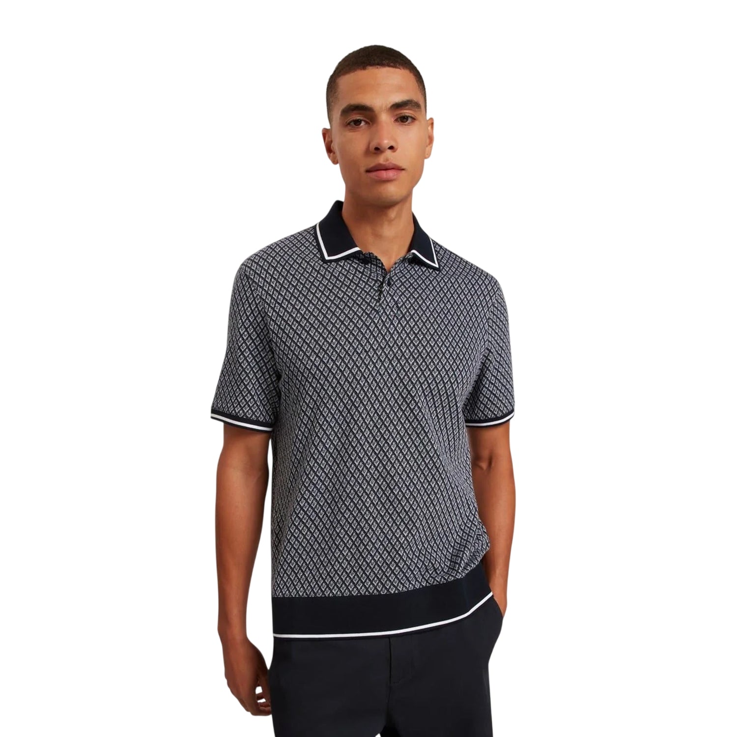 Navy - Lifestyle - Ted Baker Mens Diamond Knitted Tipped Polo Shirt