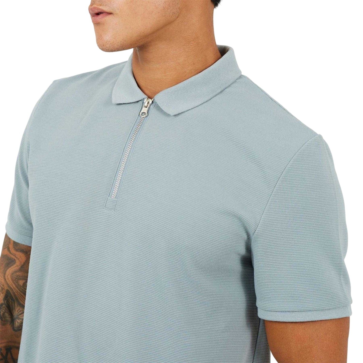 Duck Egg Blue - Side - Brave Soul Mens Ribbed Quarter Zip Short-Sleeved Polo Shirt