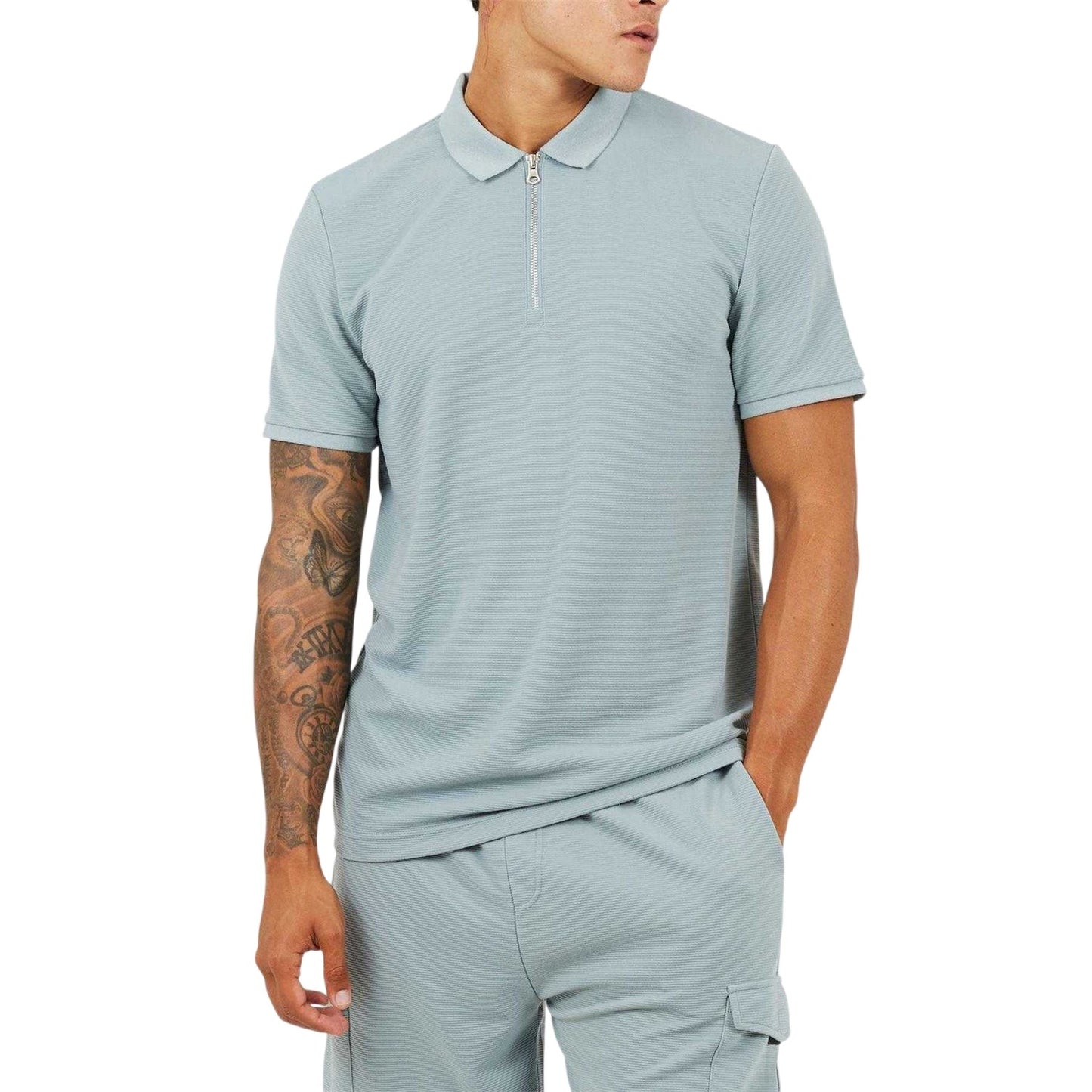 Duck Egg Blue - Front - Brave Soul Mens Ribbed Quarter Zip Short-Sleeved Polo Shirt