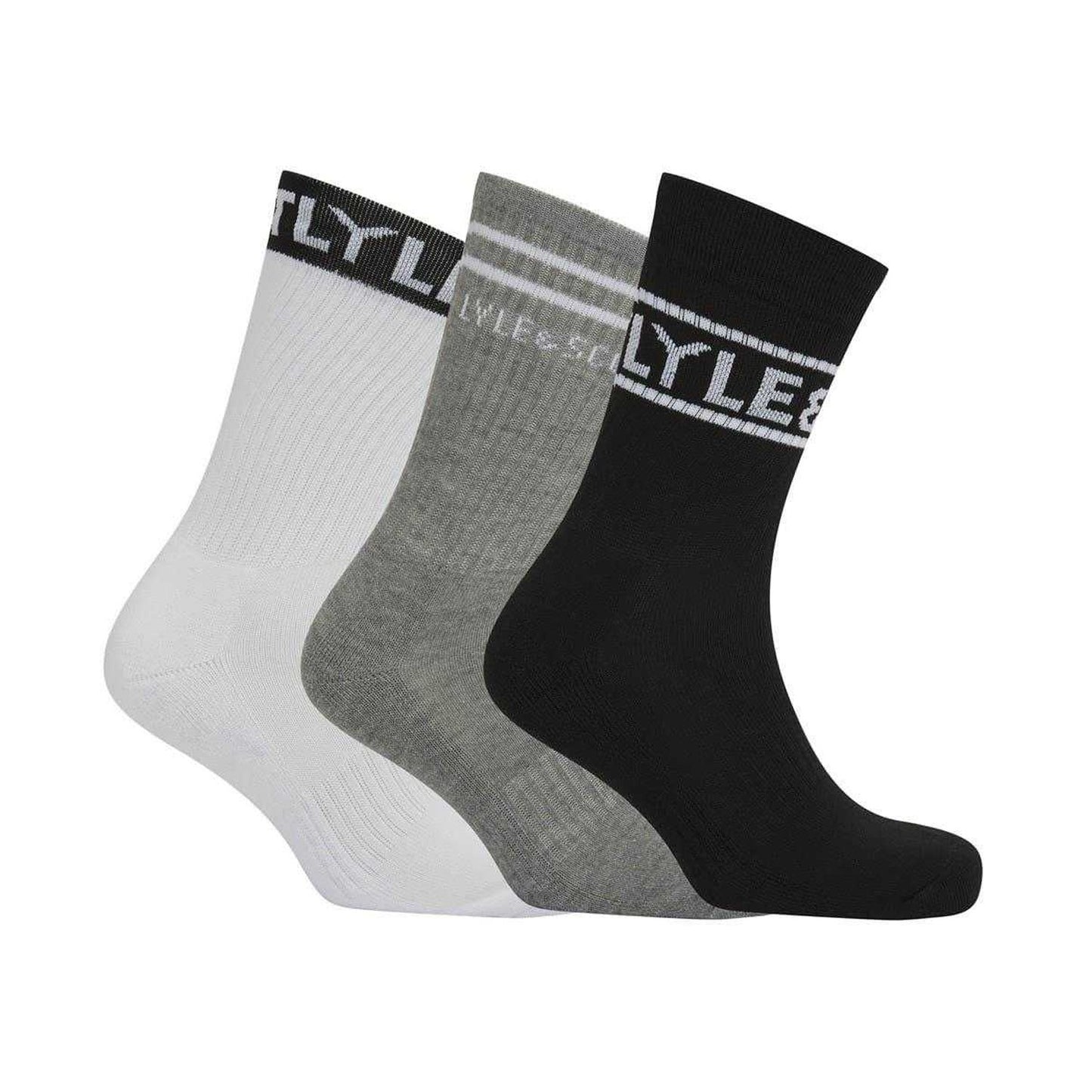 Black-White-Grey - Front - Lyle & Scott Mens Lettering Crew Socks (Pack of 3)