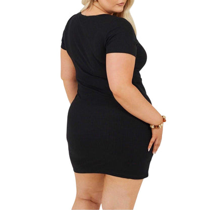 Black - Back - Brave Soul Womens-Ladies Square Neck Plus Short-Sleeved Mini Dress