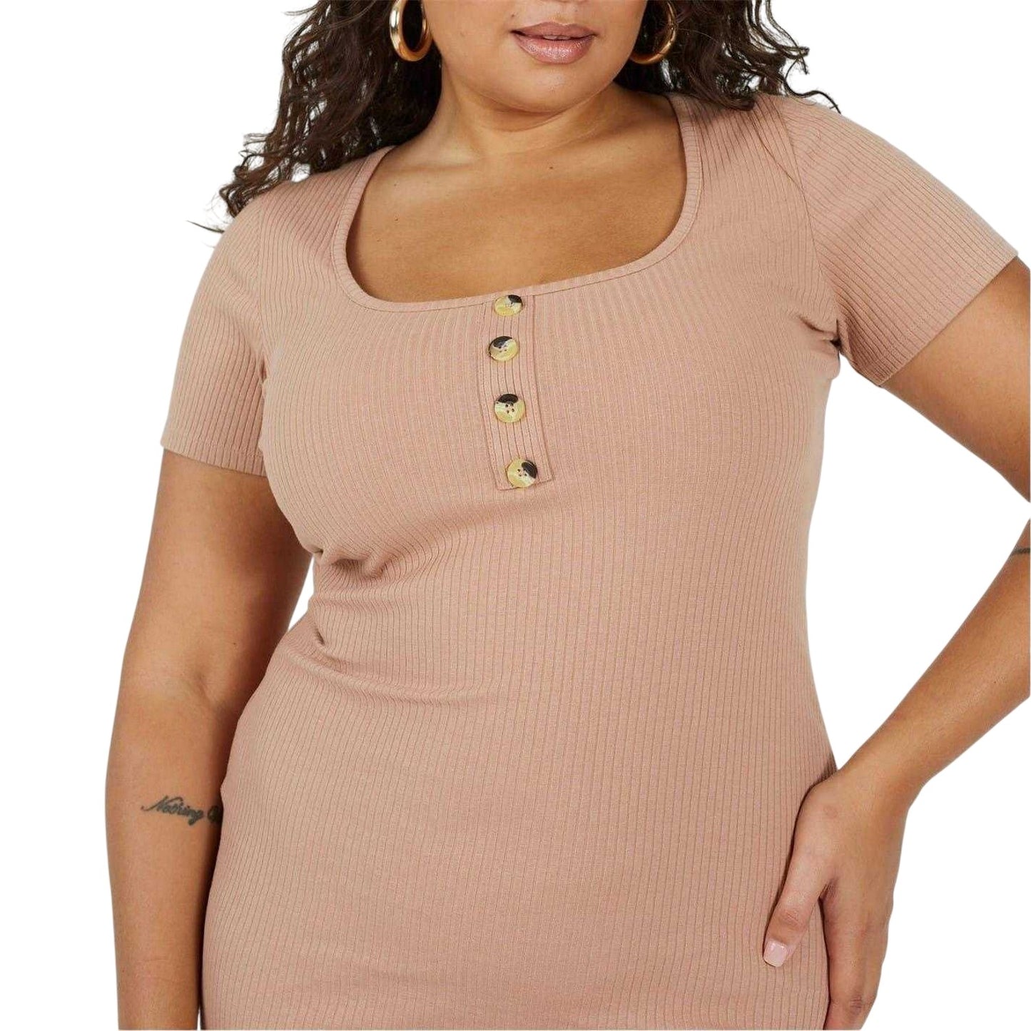 Taupe - Side - Brave Soul Womens-Ladies Square Neck Plus Short-Sleeved Mini Dress