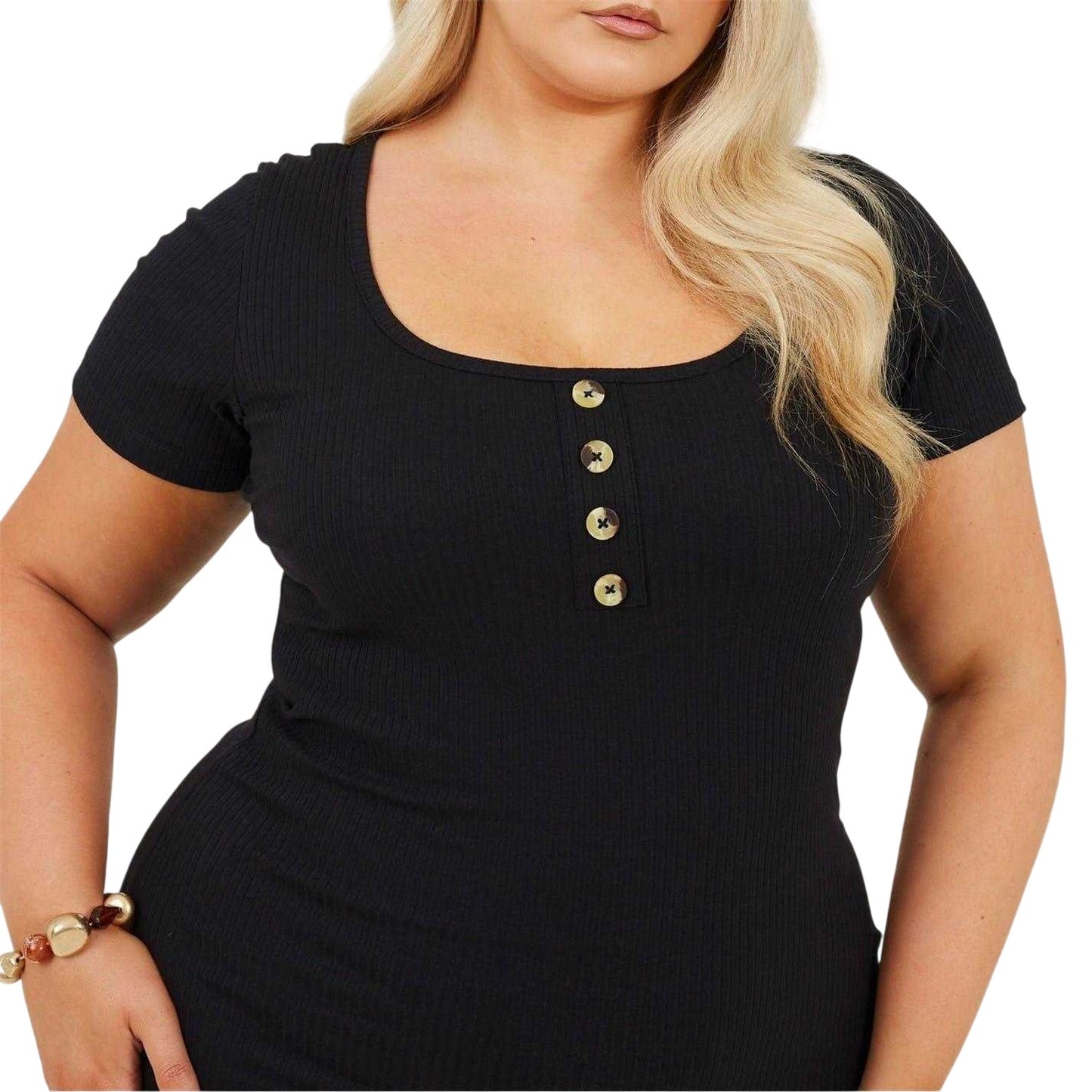 Black - Side - Brave Soul Womens-Ladies Square Neck Plus Short-Sleeved Mini Dress