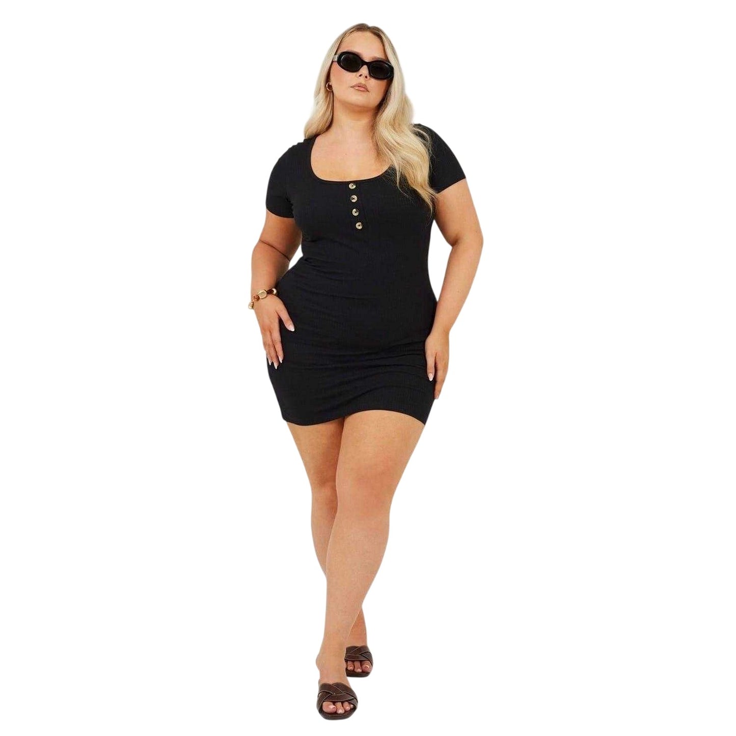 Black - Lifestyle - Brave Soul Womens-Ladies Square Neck Plus Short-Sleeved Mini Dress