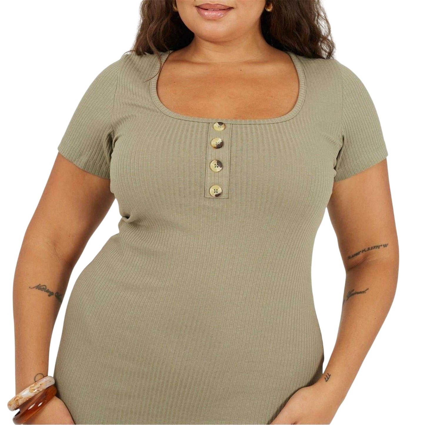 Khaki - Side - Brave Soul Womens-Ladies Square Neck Plus Short-Sleeved Mini Dress