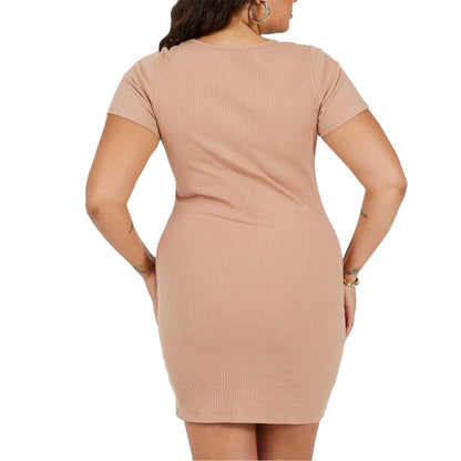Taupe - Back - Brave Soul Womens-Ladies Square Neck Plus Short-Sleeved Mini Dress