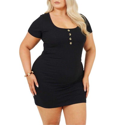 Black - Front - Brave Soul Womens-Ladies Square Neck Plus Short-Sleeved Mini Dress