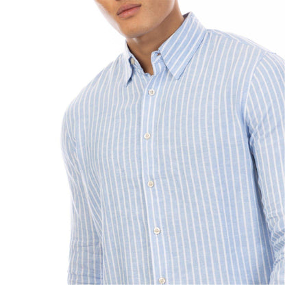 Blue-White - Side - Peter Werth Mens Vertical Stripe Regular Long-Sleeved Shirt