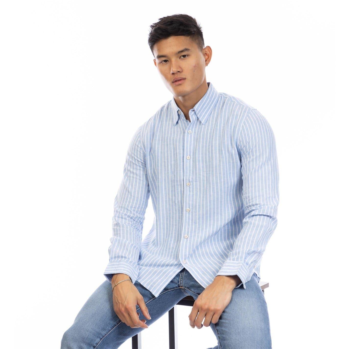 Blue-White - Lifestyle - Peter Werth Mens Vertical Stripe Regular Long-Sleeved Shirt
