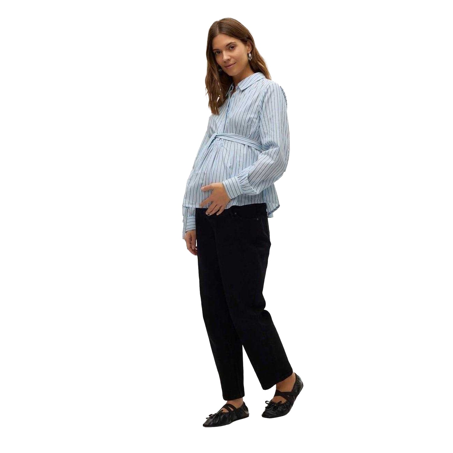 Snow White - Pack Shot - Mamalicious Womens-Ladies Vertical Stripe Maternity Shirt
