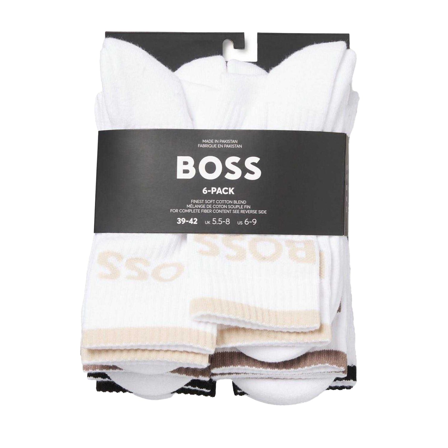 White - Side - Boss Mens Lettering Cotton Blend Crew Socks (Pack of 6)