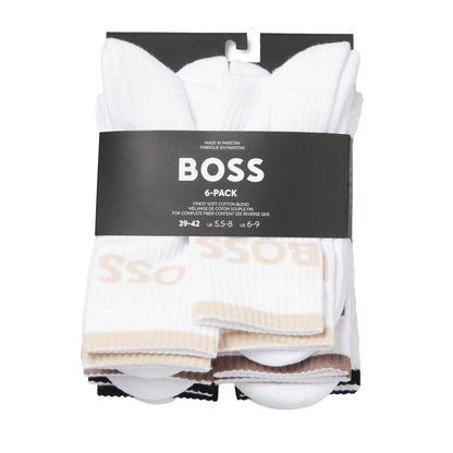 White - Side - Boss Mens Lettering Cotton Blend Crew Socks (Pack of 6)
