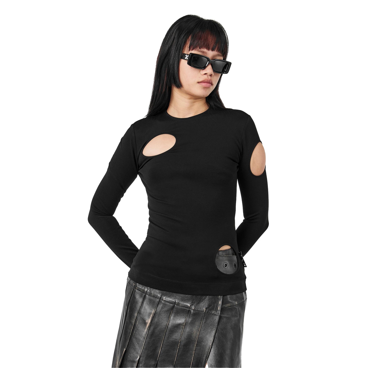Black - Side - Off White Womens-Ladies Meteor Cut Out Long-Sleeved Top