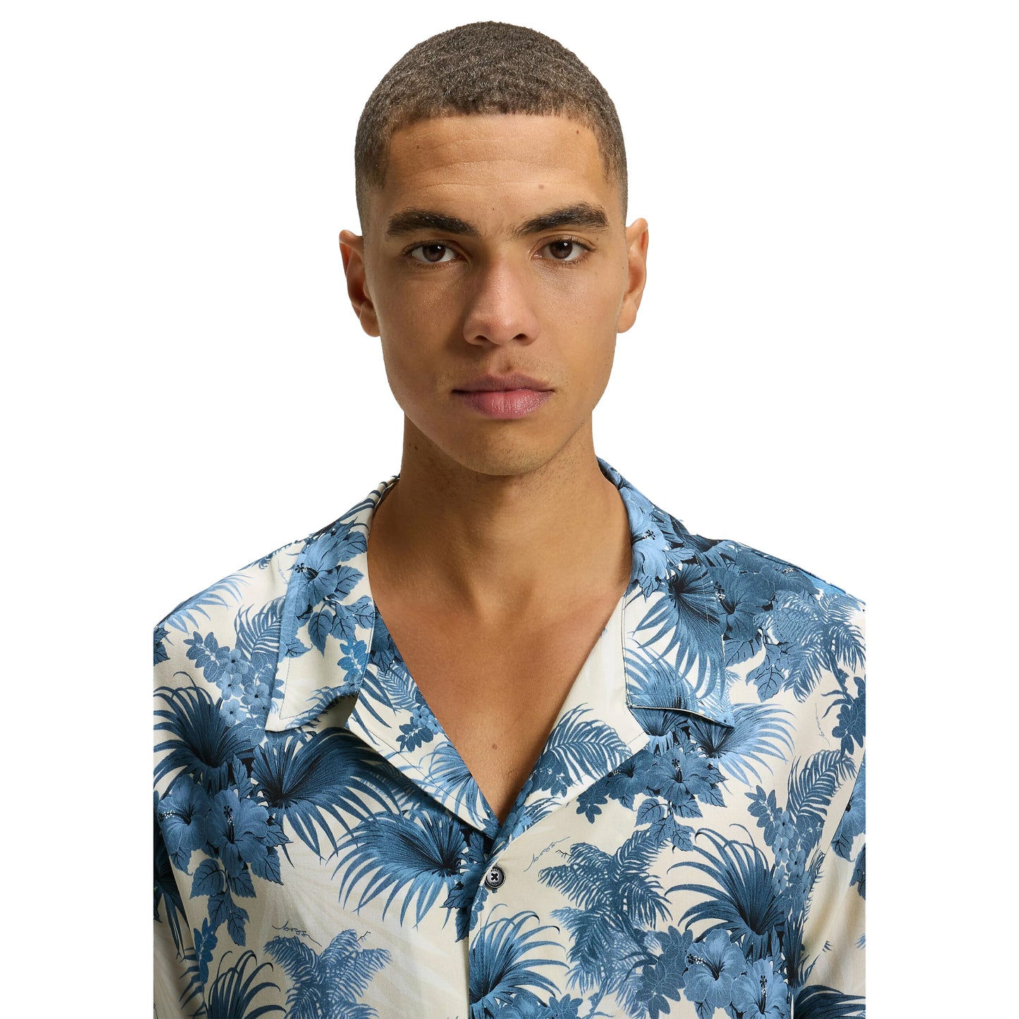 Blue - Side - Boss Mens Floral Regular Short-Sleeved Shirt