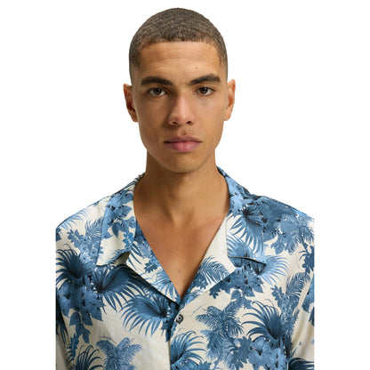 Blue - Side - Boss Mens Floral Regular Short-Sleeved Shirt