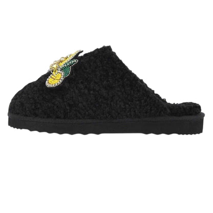 Black - Back - Biba Womens-Ladies Biba Embellished Faux Fur Slippers