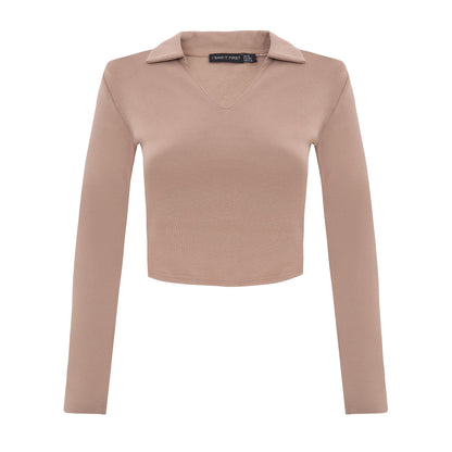Mocha - Front - I Saw It First Womens-Ladies Collared Long-Sleeved Top
