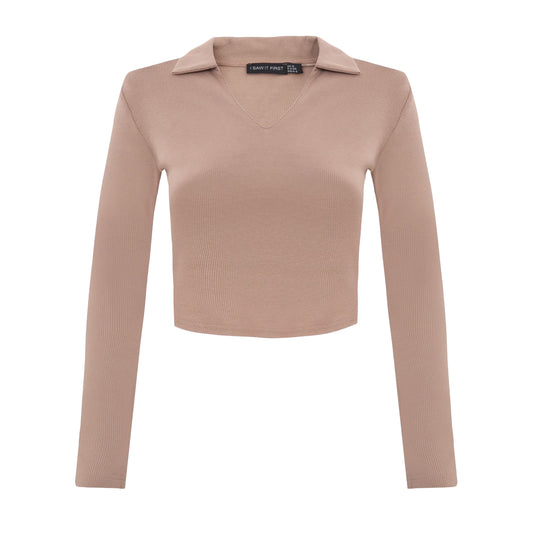 Mocha - Front - I Saw It First Womens-Ladies Collared Long-Sleeved Top