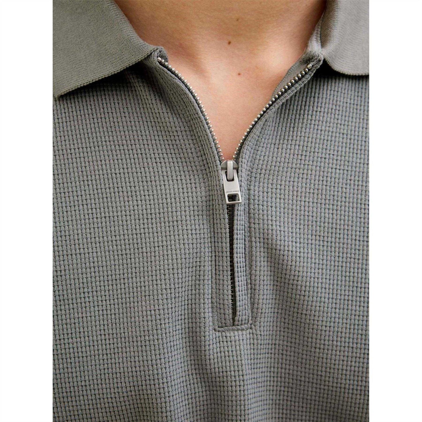 Ultimate Grey - Side - Jack And Jones Mens Textured Zip Neck Short-Sleeved Polo Shirt