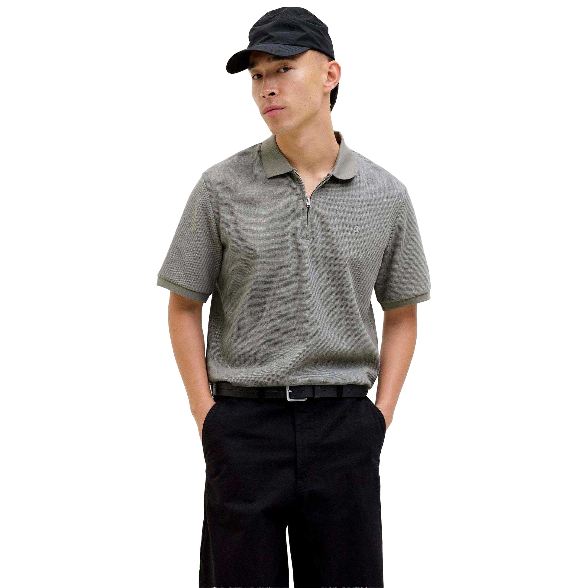 Ultimate Grey - Lifestyle - Jack And Jones Mens Textured Zip Neck Short-Sleeved Polo Shirt