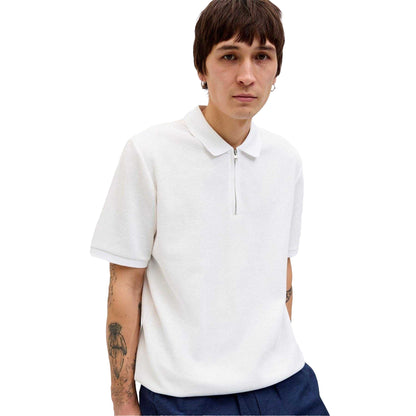 White - Front - Jack And Jones Mens Textured Zip Neck Short-Sleeved Polo Shirt