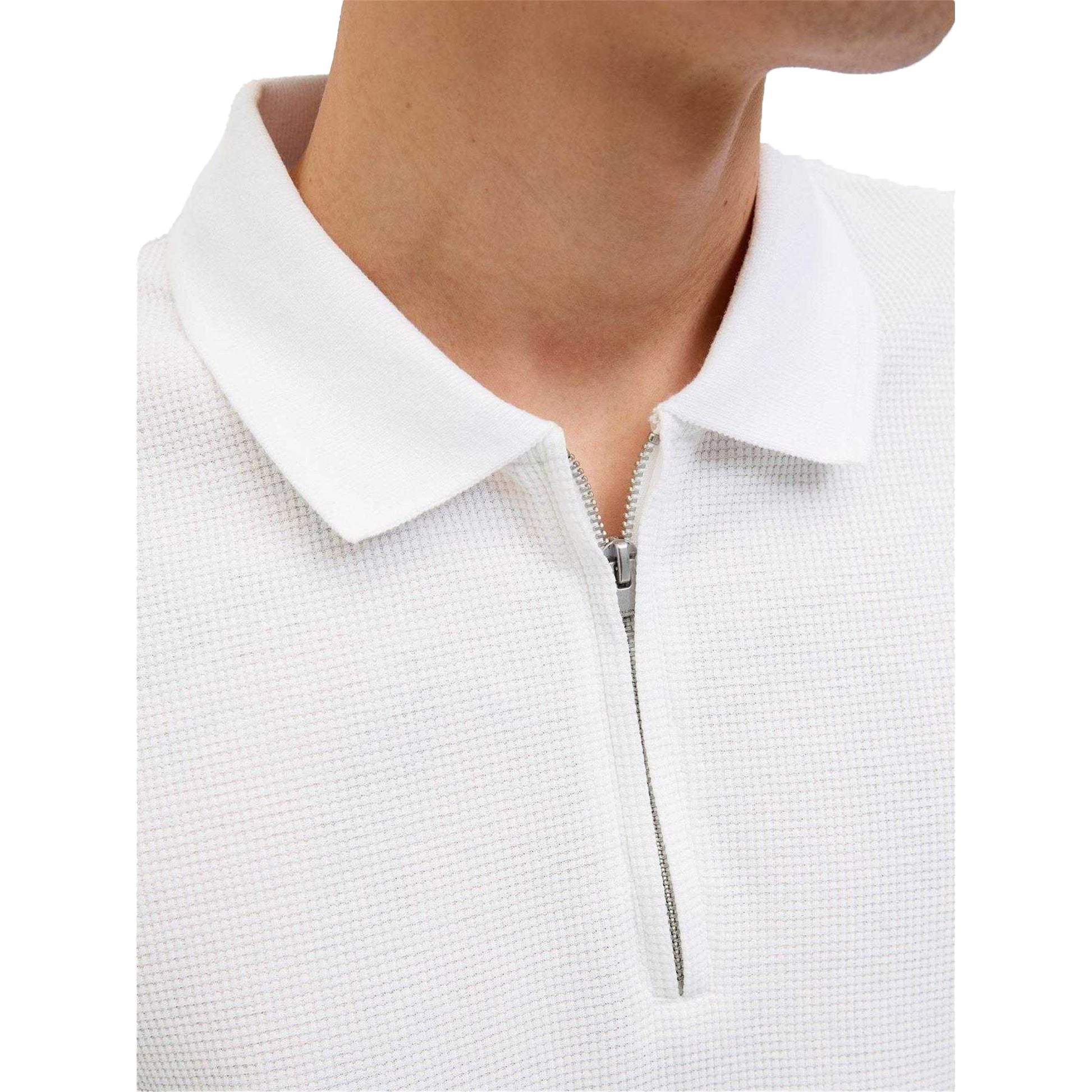 White - Side - Jack And Jones Mens Textured Zip Neck Short-Sleeved Polo Shirt