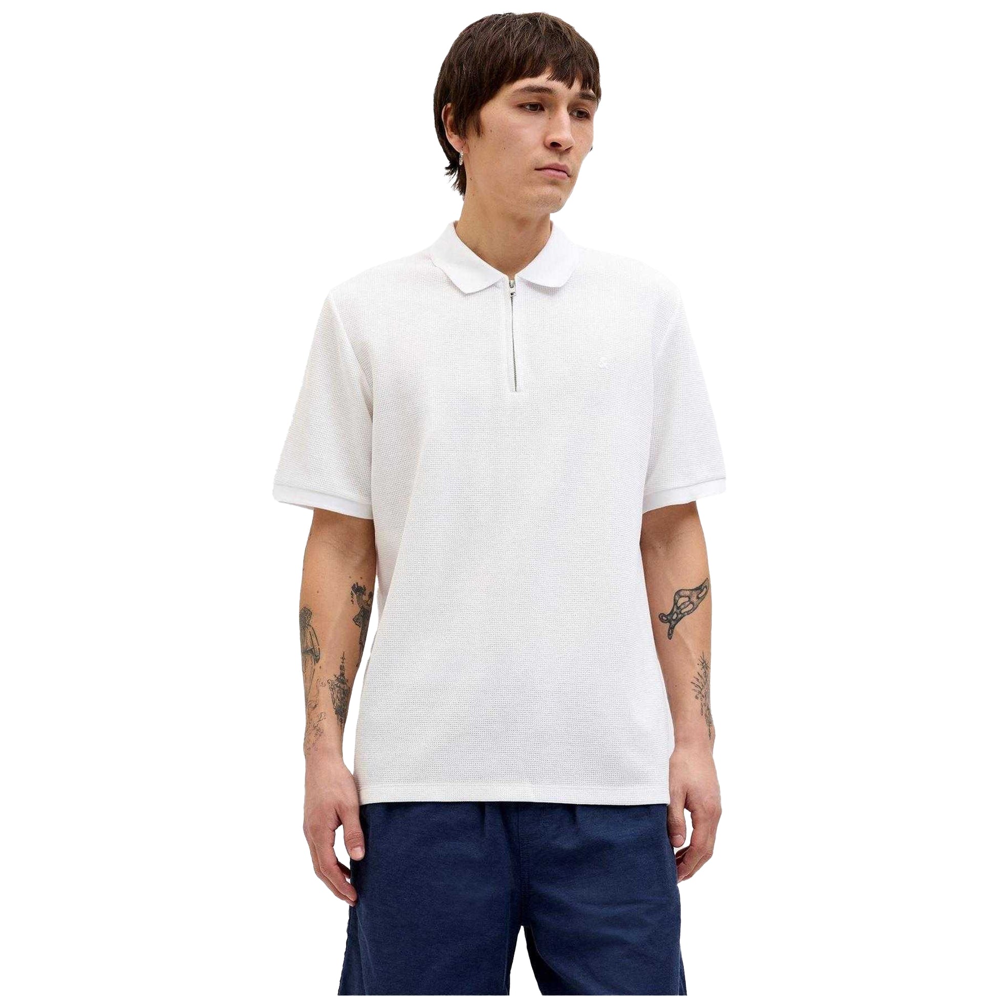 White - Lifestyle - Jack And Jones Mens Textured Zip Neck Short-Sleeved Polo Shirt