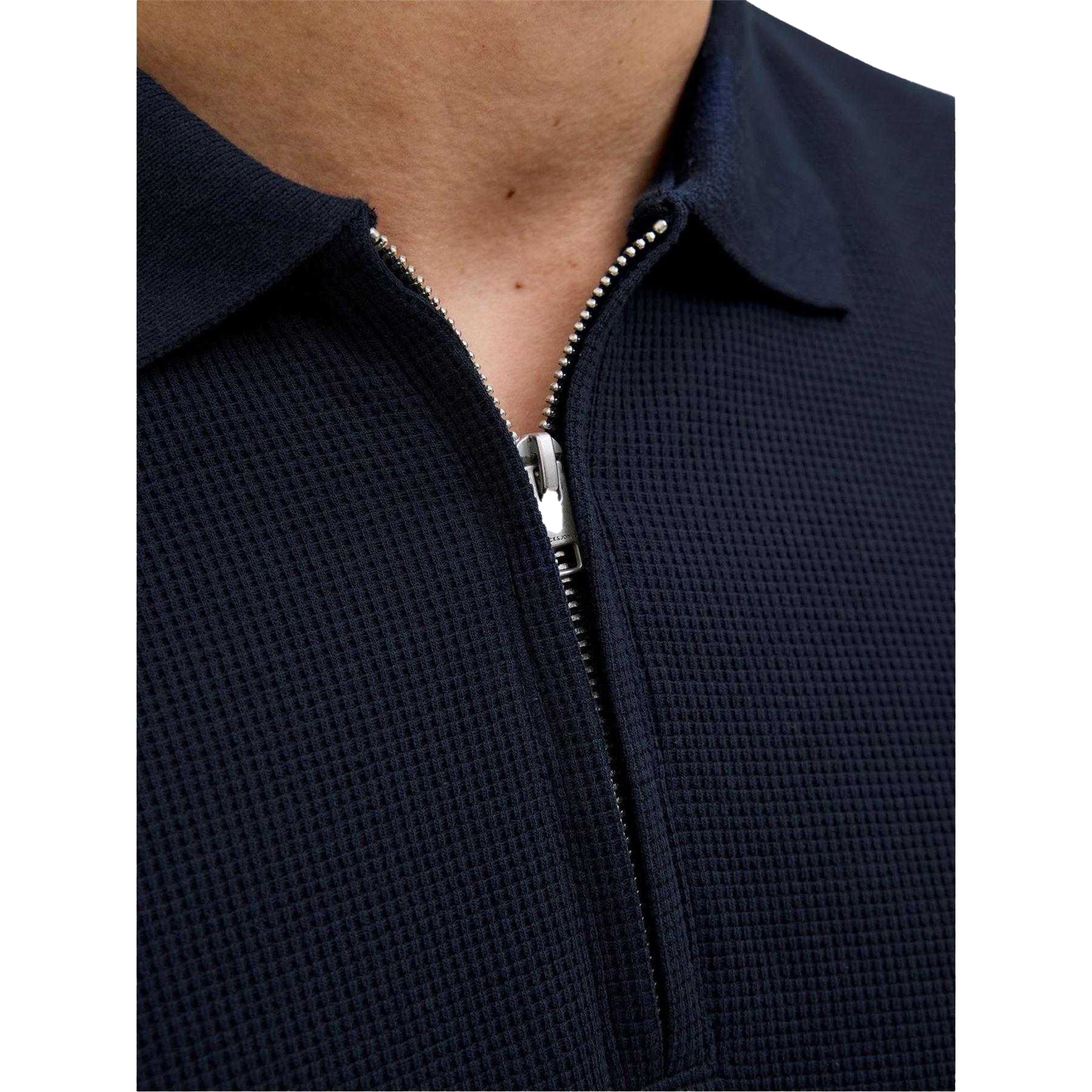 Navy Blazer - Side - Jack And Jones Mens Textured Zip Neck Short-Sleeved Polo Shirt