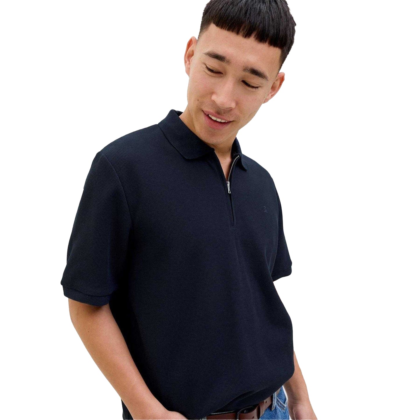 Navy Blazer - Lifestyle - Jack And Jones Mens Textured Zip Neck Short-Sleeved Polo Shirt