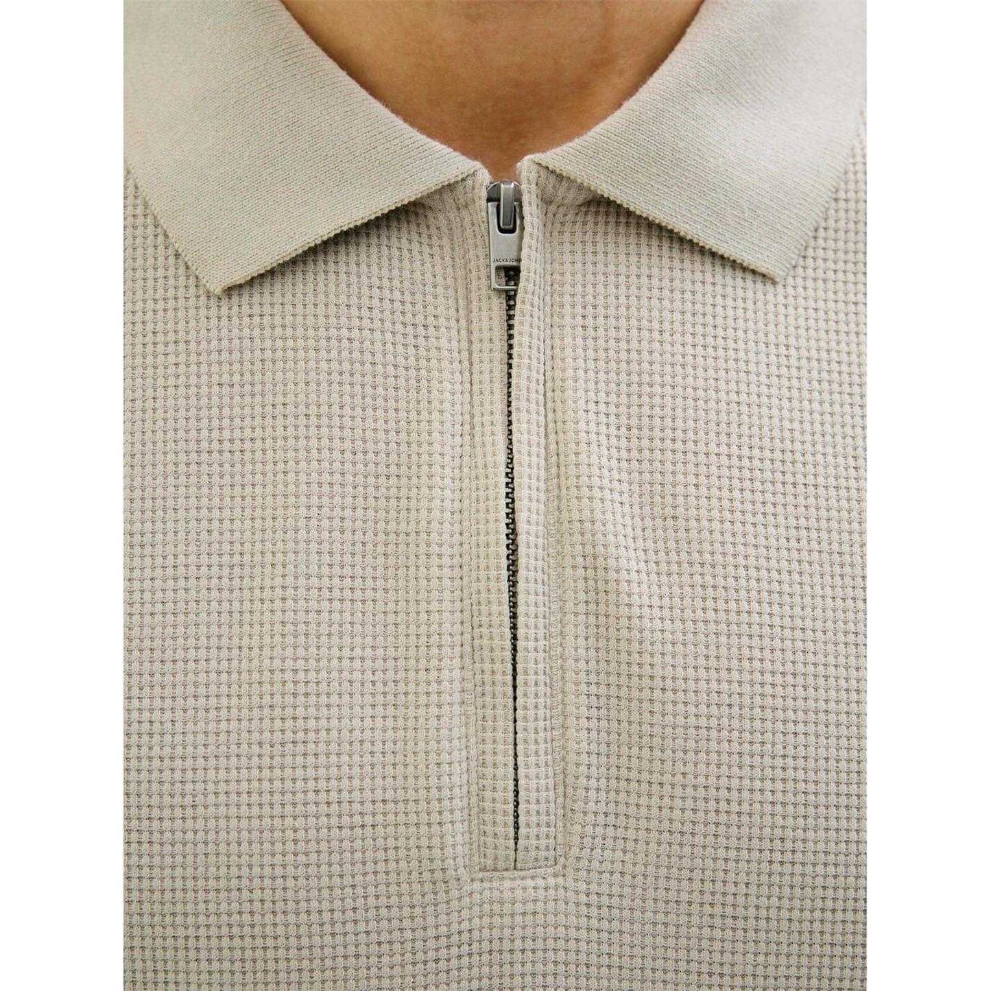 Moonbeam - Side - Jack And Jones Mens Textured Zip Neck Short-Sleeved Polo Shirt