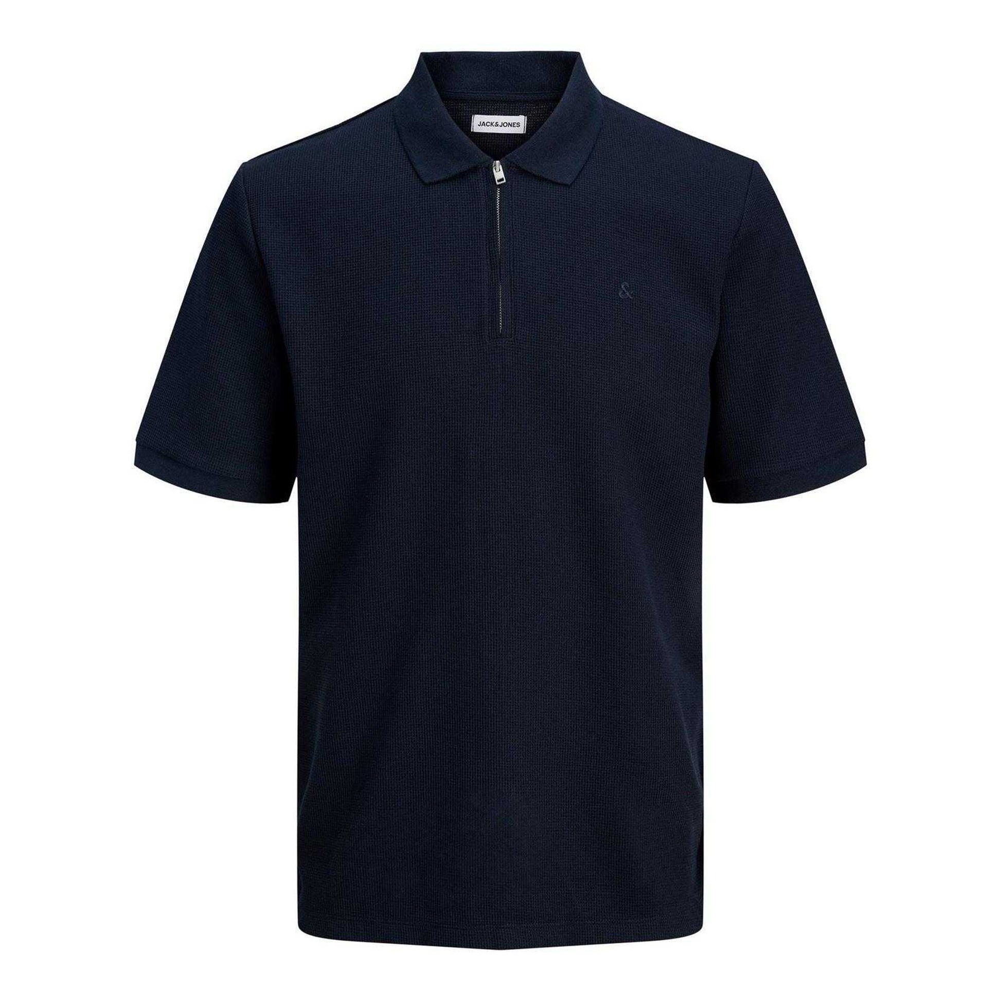 Navy Blazer - Front - Jack And Jones Mens Textured Zip Neck Short-Sleeved Polo Shirt