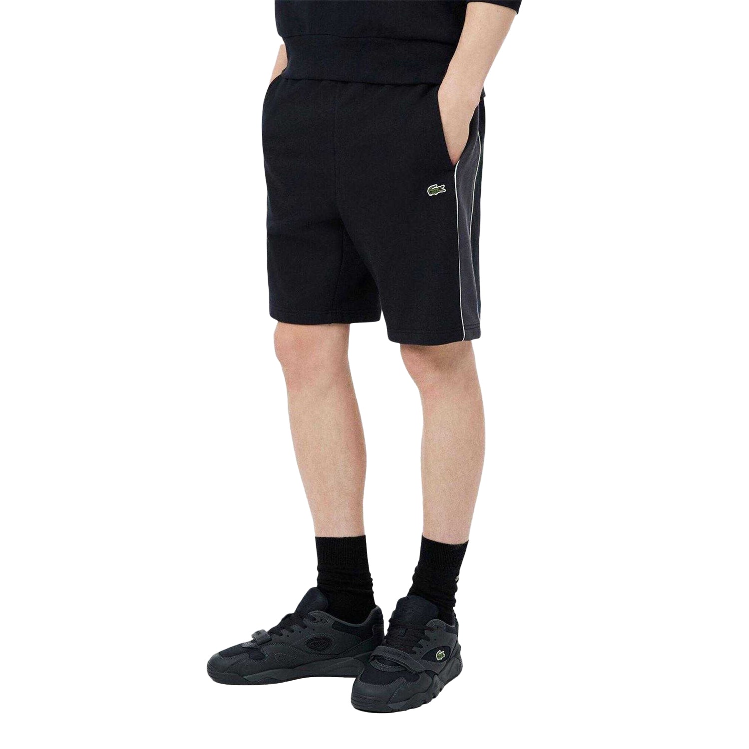 Black - Side - Lacoste Mens Fleece Side Stripe Shorts