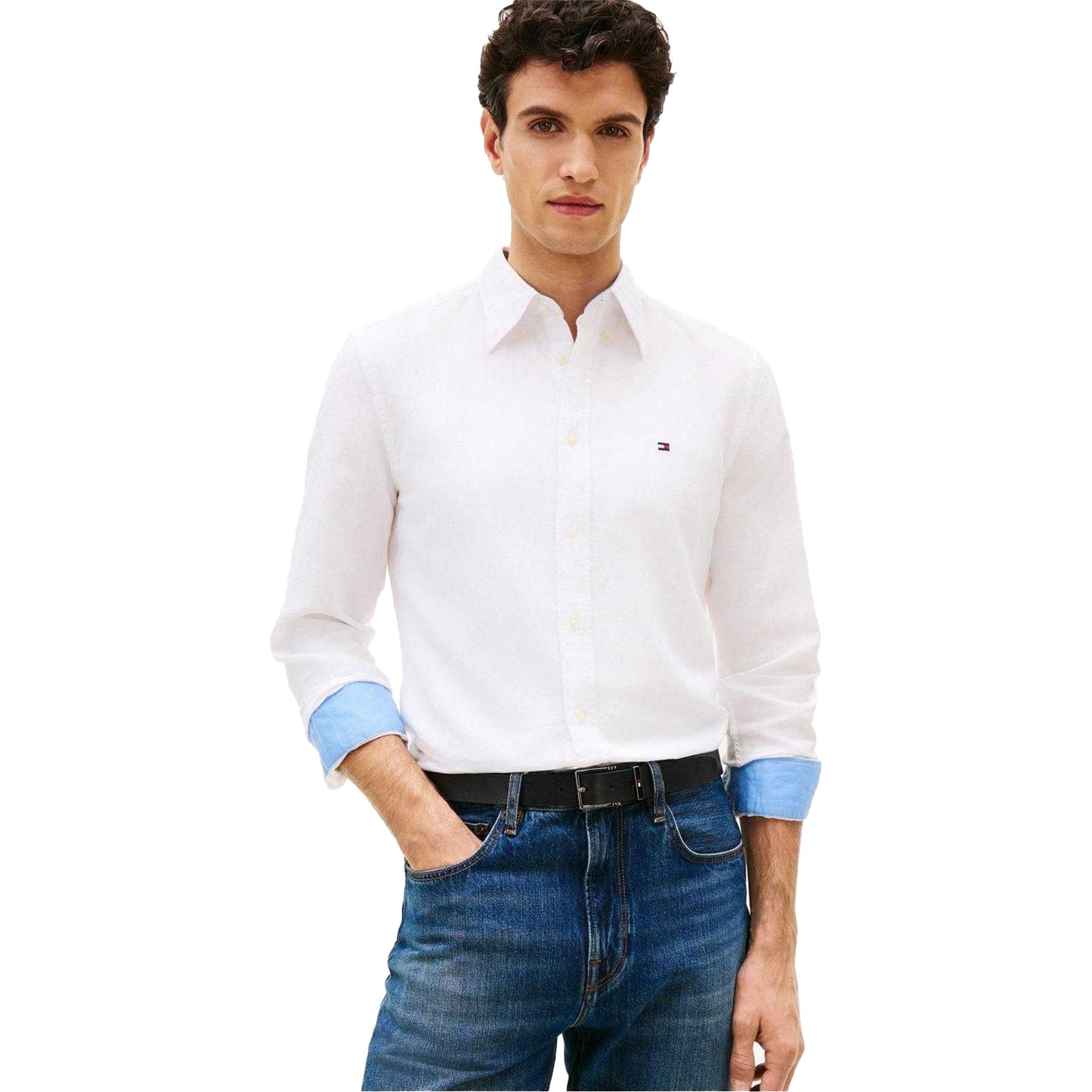 White - Lifestyle - Tommy Hilfiger Mens Embroidered Logo Linen Shirt