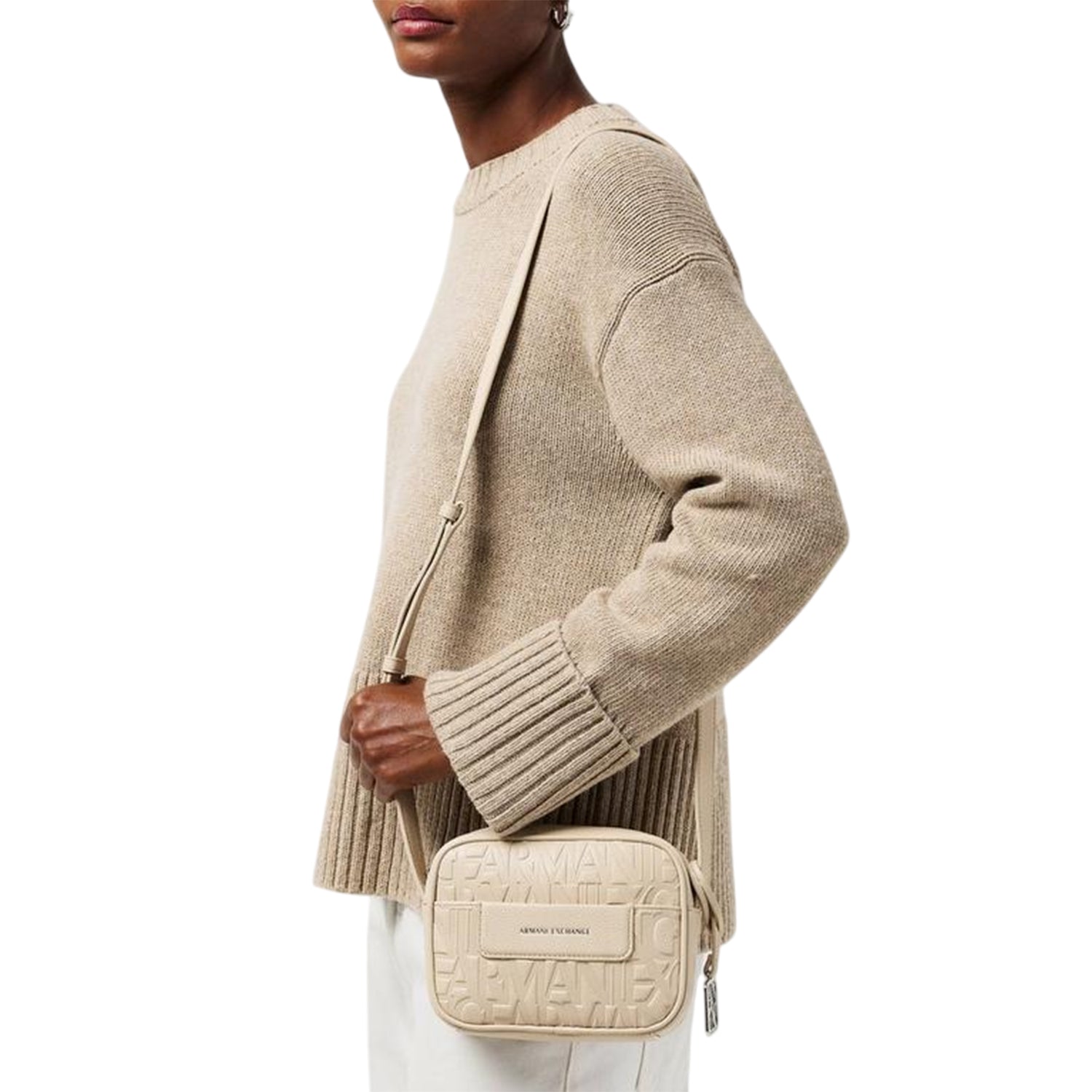 Beige - Side - Armani Exchange Unisex Adult All Over Logo Messenger Bag