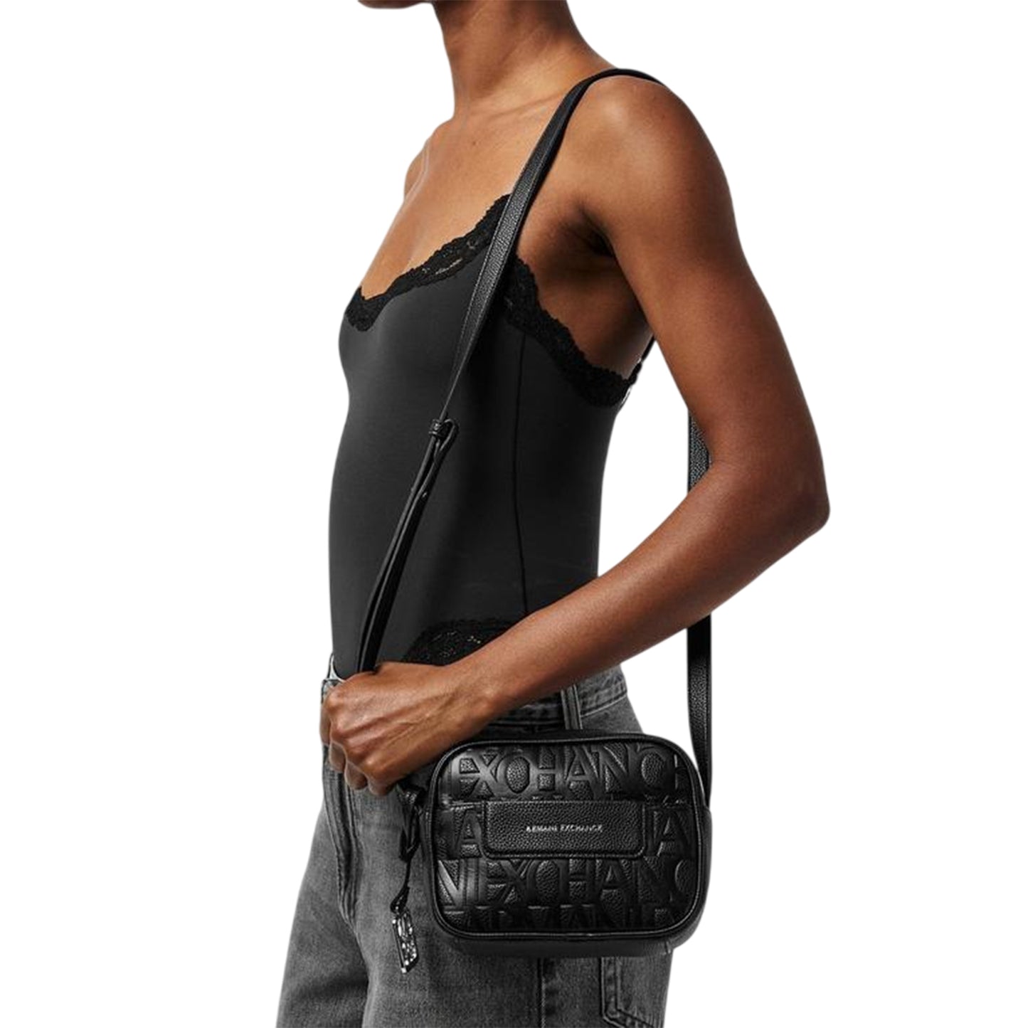 Black - Side - Armani Exchange Unisex Adult All Over Logo Messenger Bag