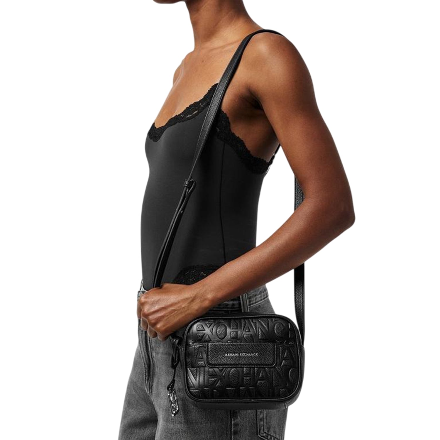 Black - Side - Armani Exchange Unisex Adult All Over Logo Messenger Bag