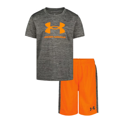 Orange-Grey - Front - Under Armour Boys Tech Large Logo T-Shirt & Shorts Set